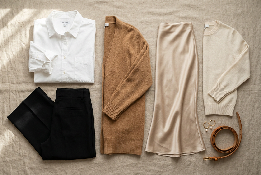 Five piece capsule wardrobe flatlay