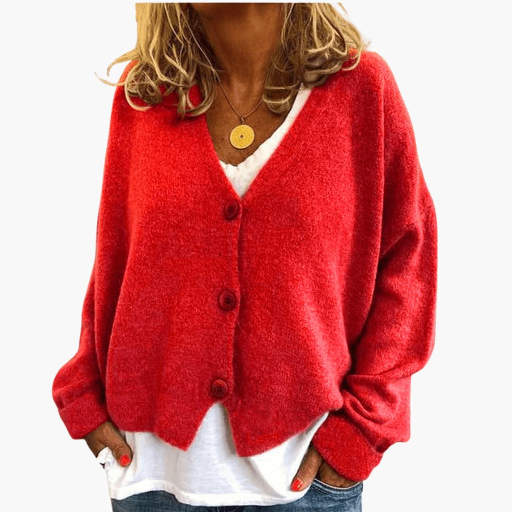 Women's Knitted Button Cardigan with V-Neckline and Long Sleeves