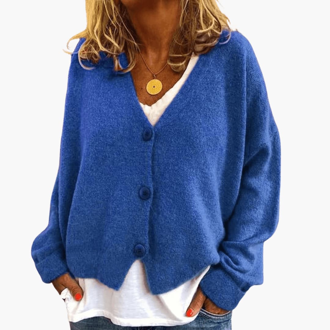 Women's Knitted Button Cardigan with V-Neckline and Long Sleeves