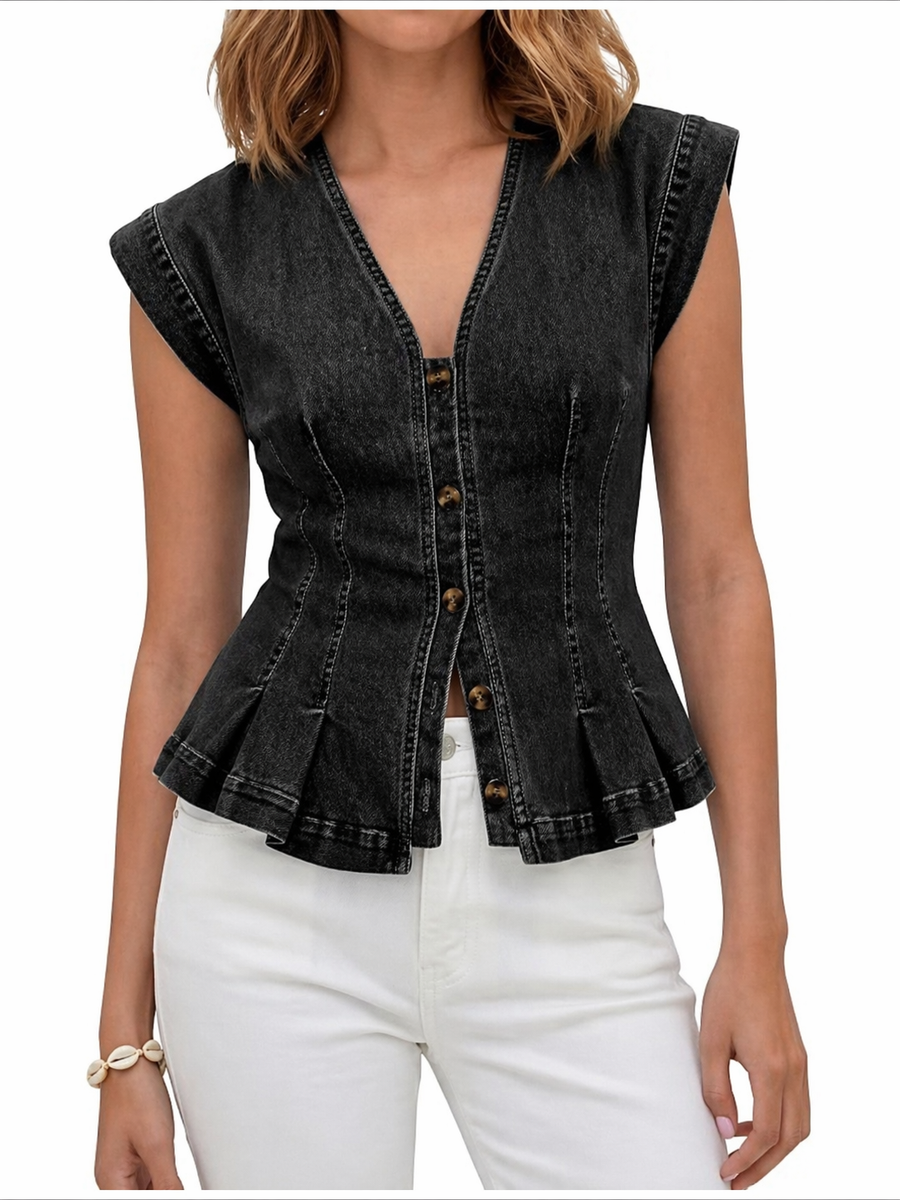 Wirginia - Top Denim z Dekoltem w Kształcie V