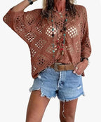 ELOWEN BEIGE CROCHET V-NECK TOP