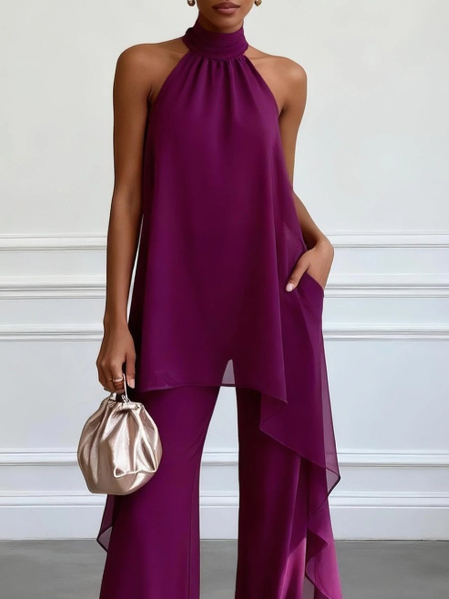 Ewa - Elegancki Fioletowy Zestaw Top Halter i Spodnie