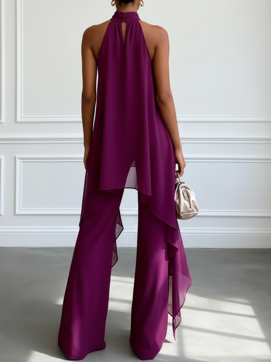 Ewa - Elegancki Fioletowy Zestaw Top Halter i Spodnie