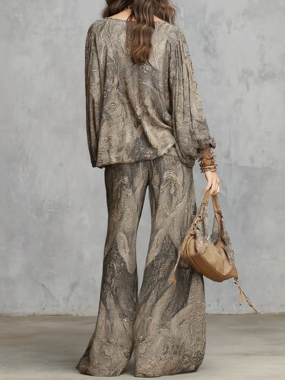Klaudia - Bluzka z Rękawami Lanterne i Szerokie Spodnie